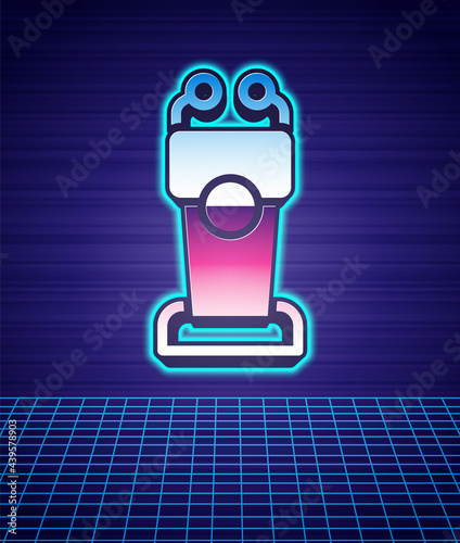 Retro style Stage stand or debate podium rostrum icon isolated futuristic landscape background. Conference speech tribune. 80s fashion party. Vector