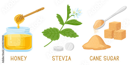 Cartoon natural sweeteners. Honey, stevia pills and plants, brown cane sugar cubes isolated vector illustration set. Natural organic sweeteners