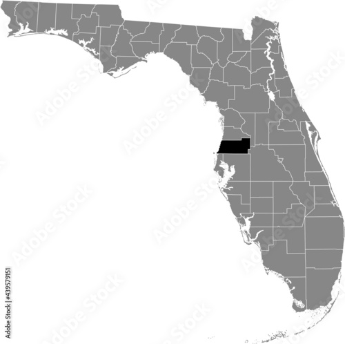 Black highlighted location map of the US Pasco county inside gray map of the Federal State of Florida, USA