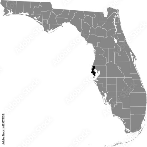 Black highlighted location map of the US Pinellas county inside gray map of the Federal State of Florida, USA