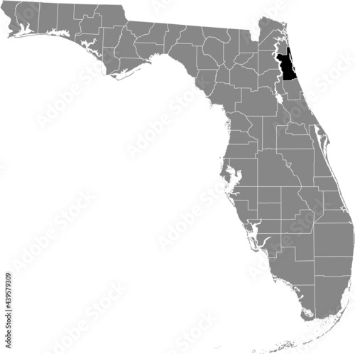 Black highlighted location map of the US St. Johns county inside gray map of the Federal State of Florida, USA