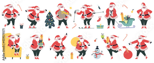 Cute Santa Claus. Christmas winter holidays characters, cheerful Santa with gifts vector illustration set. Funny Christmas mascot