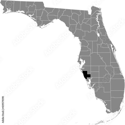 Black highlighted location map of the US Sarasota county inside gray map of the Federal State of Florida, USA