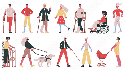 Disabled people. Handicapped, blind, deaf characters, people in wheelchair, with prosthetic arms and legs vector illustration set. Adult disabled characters