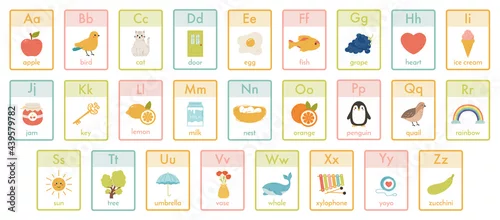 Obraz Alphabet kids cards. Kindergarten abc learning, children education animals, fruits and toys cards vector illustration set. Cute alphabet for children