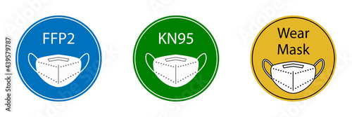 Set of blue, green and yellow round signs with medical respiratory mask and different signatures: FFP2, KN95 and Wear Mask. White face mask with details: nose clip, no valve, bands.