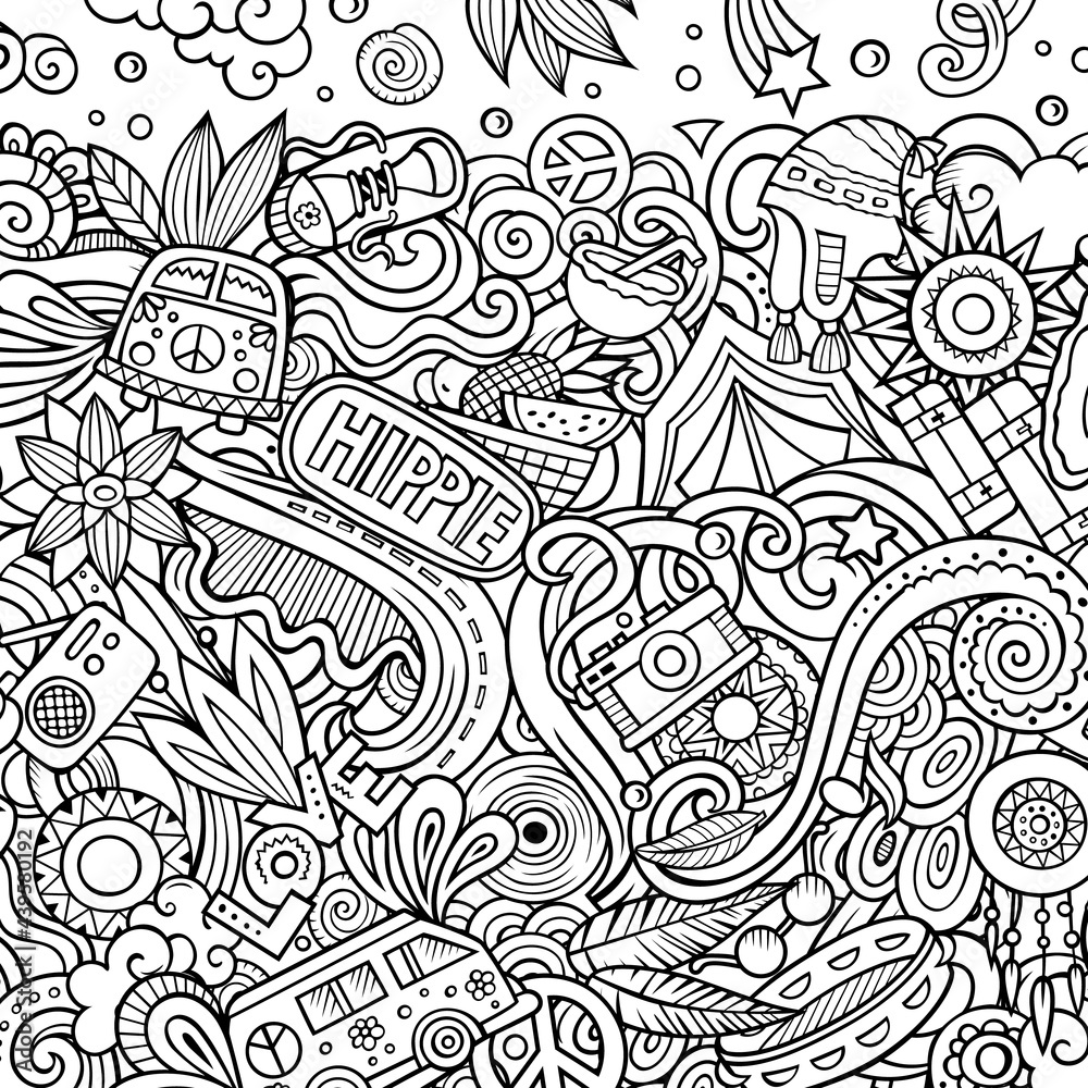Hippie hand drawn vector doodles illustration. Hippy frame card design.