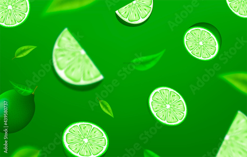 Ripe juicy tropical lime background. Vector card illustration. Closely spaced fresh citrus green lemon fruit peeled, piece of half, slice. Seamless pattern for packaging design healthy food, diet juce