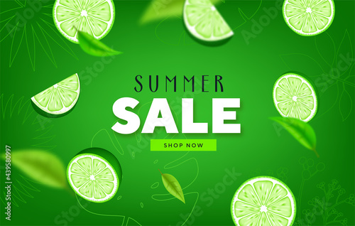 Fruity Summer Sale Colorful Banners with lime, lemon tropical Fruits abstract background layout banners. illustration template