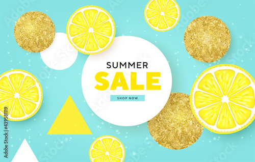Fruity Summer Sale Colorful Banners with lime, lemon tropical Fruits golden circles abstract background layout banners. illustration template