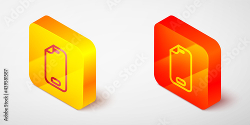 Isometric line Glass screen protector for smartphone icon isolated on grey background. Protective film for glass. Transparent soft glass for mobile phone. Yellow and orange square button. Vector
