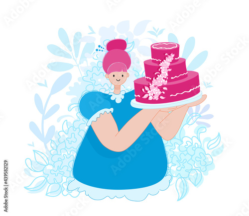 A confectioner woman holds a wedding, birthday cake decorated with frosting and flowers. A baker girl. A vector cartoon illustration.