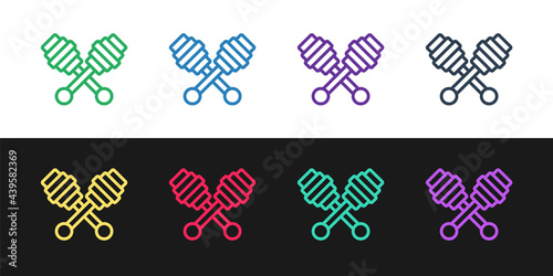 Set line Honey dipper stick icon isolated on black and white background. Honey ladle. Vector