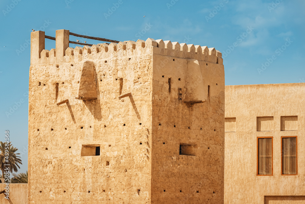 Old watchtower fortress architecture in Bur Dubai Deira district. Historical travel and tourism destination Old watchtower fortress architecture in Bur Dubai Deira district. Historical travel and tourism destination