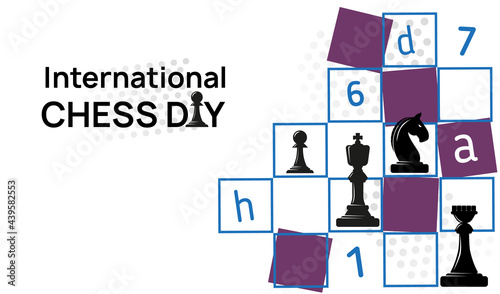 International Chess Day banner. Vector illustration of Chess Pieces King, Queen and Bishop near Chess board.