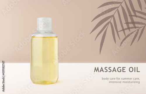 Oil skin care and body care bottle mockup realistic 3d on beige background with tropical coconut palm tree leaves shadow. Makeup remover, massage oil, cosmetic product, natural argan oil add template
