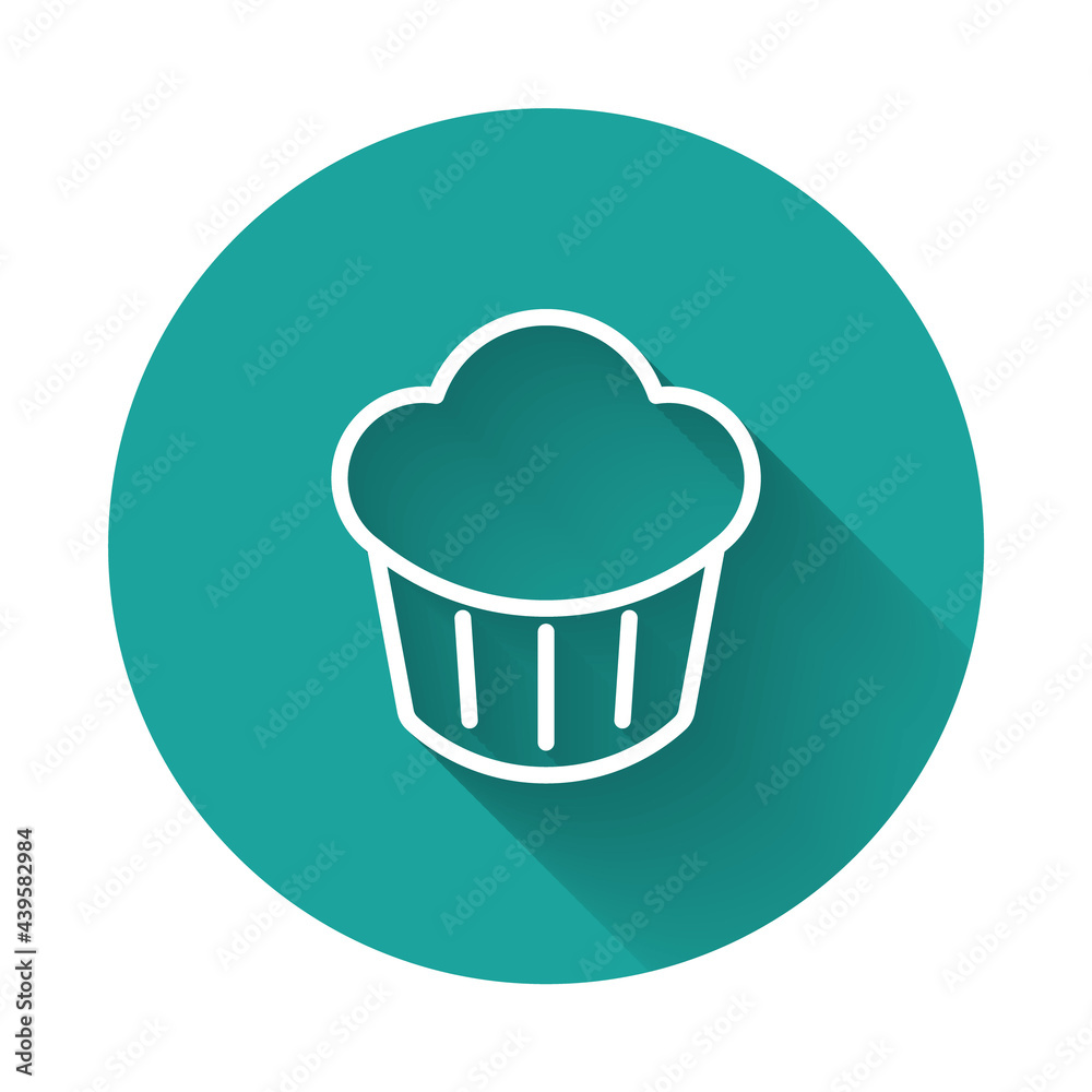 White line Cupcake icon isolated with long shadow background. Green circle button. Vector White line Cupcake icon isolated with long shadow background. Green circle button. Vector