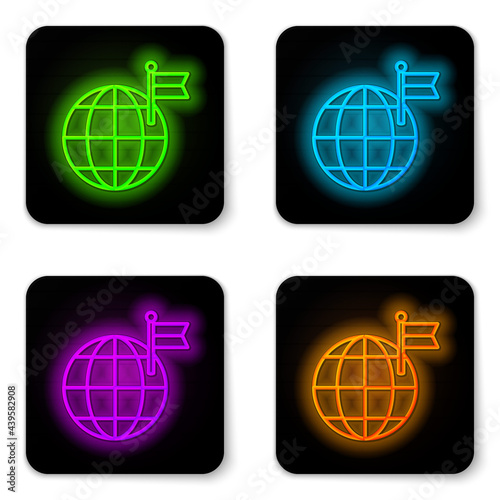 Glowing neon line Planet with flag icon isolated on white background. Victory, winning and conquer adversity concept. Black square button. Vector