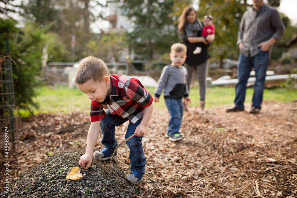 Boy picks up leaf with family