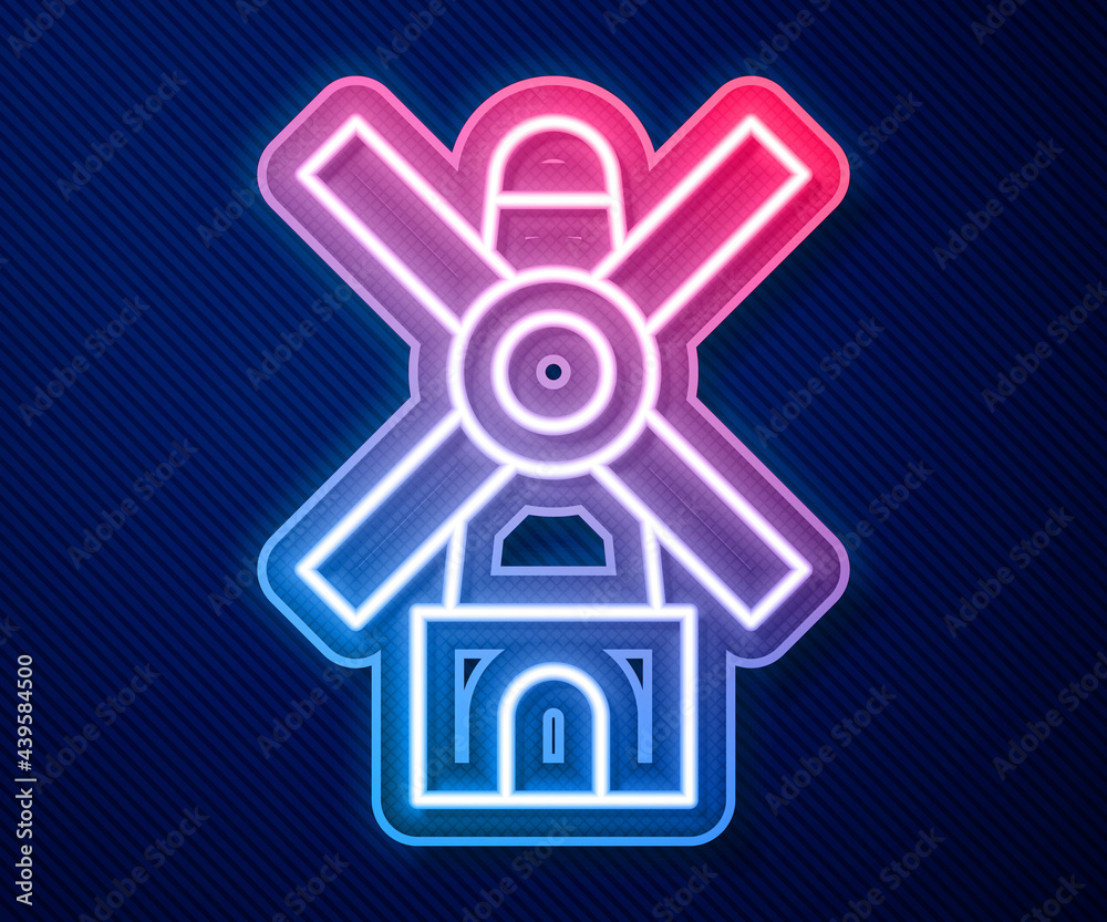 Glowing neon line Windmill icon isolated on blue background. Vector Glowing neon line Windmill icon isolated on blue background. Vector