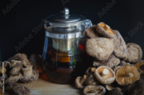 Blurred images of soup made from shiitake mushrooms.