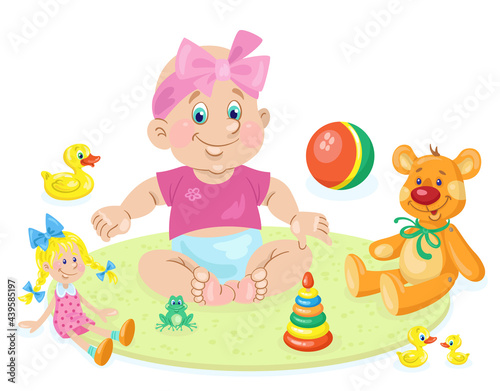 Cute little girl with a pink bow sits with her favorite toys. In cartoon style. Isolated on white background. Vector illustration