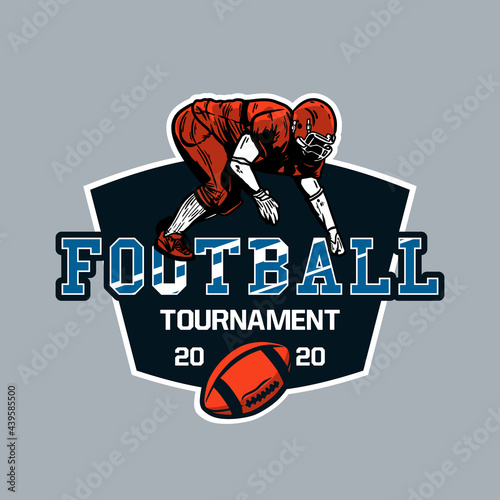 logo design football tournament 2020 with football player doing tackle position vintage illustration