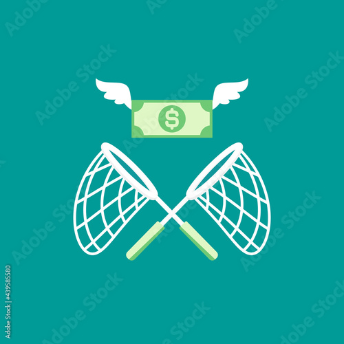 Butterfly net with flying dollar banknotes. Catch, hunt, chase money symbol.