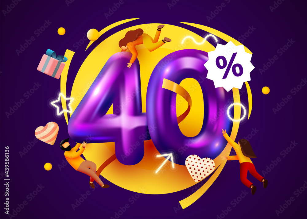 Mega sale. 40 percent discount. Special offer 40% background with flying people. Promotion poster or banner. Mega sale. 40 percent discount. Special offer 40% background with flying people. Promotion poster or banner.