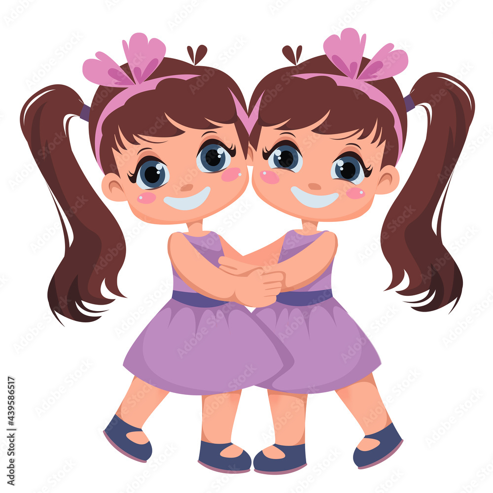 Two girls are twins. Sisters embrace. Kids on holiday. International Day of Hugs. Vector illustration in cartoon style Two girls are twins. Sisters embrace. Kids on holiday. International Day of Hugs. Vector illustration in cartoon style