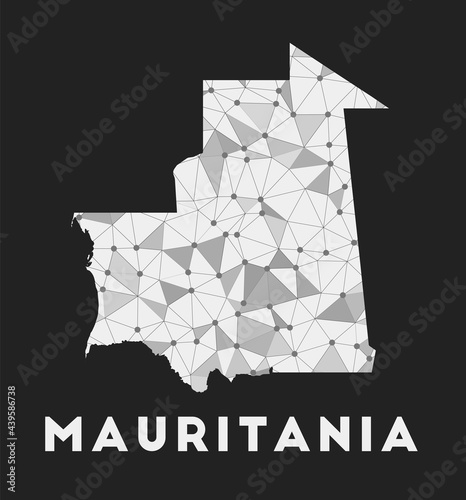 Mauritania - communication network map of country. Mauritania trendy geometric design on dark background. Technology, internet, network, telecommunication concept. Vector illustration.