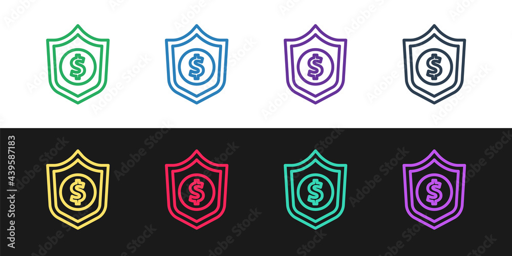 Set line Shield with dollar symbol icon isolated on black and white background. Security shield protection. Money security concept. Vector