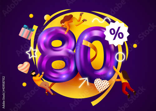 Mega sale. 80 percent discount. Special offer 80% background with flying people. Promotion poster or banner.