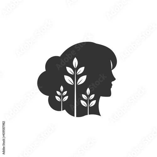 Girl's head with leaves. Relationship and psychology logo isolated on white.