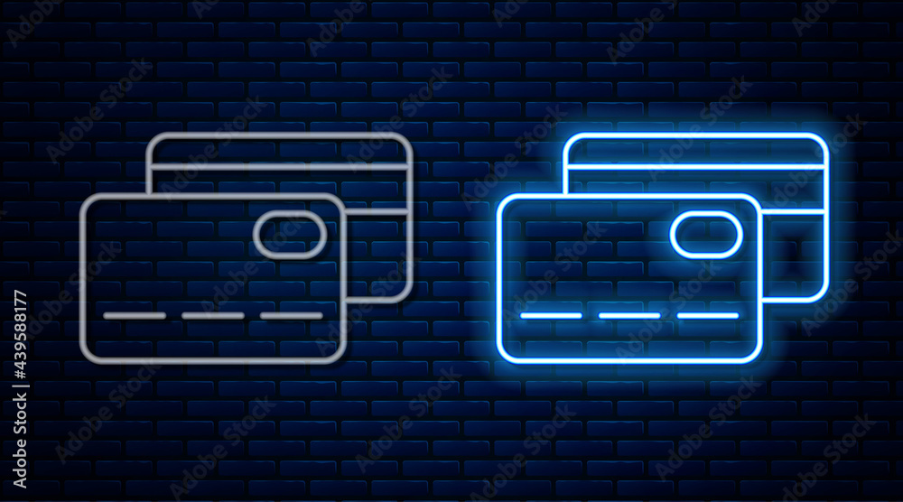 Glowing neon line Credit card icon isolated on brick wall background. Online payment. Cash withdrawal. Financial operations. Shopping sign. Vector Glowing neon line Credit card icon isolated on brick wall background. Online payment. Cash withdrawal. Financial operations. Shopping sign. Vector