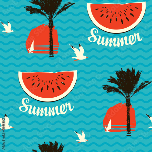 Tropical seamless pattern on theme of sea summer travel. Vector background with watermelon slices, seagulls, silhouettes of palm trees and surfers at sunset or sunrise on a blue backdrop with waves