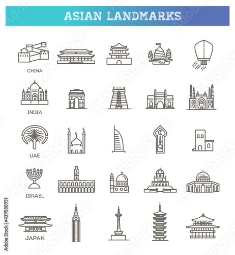 Simple linear Vector icon set representing global tourist asian landmarks and travel destinations for vacations