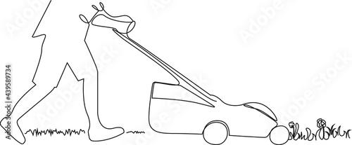 Gardener cuts grass on the lawn with the lawn mower. Machine for cutting lawns, gardening grass-cutter. Vector lineart, one line illustration
