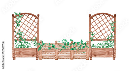 Wooden wall trellis fence with greenery, branches and leaves. Street old plant boxes. Hand drawn watercolor painting. Isolated illustration on a white background. Garland, border for decorating cards  photo