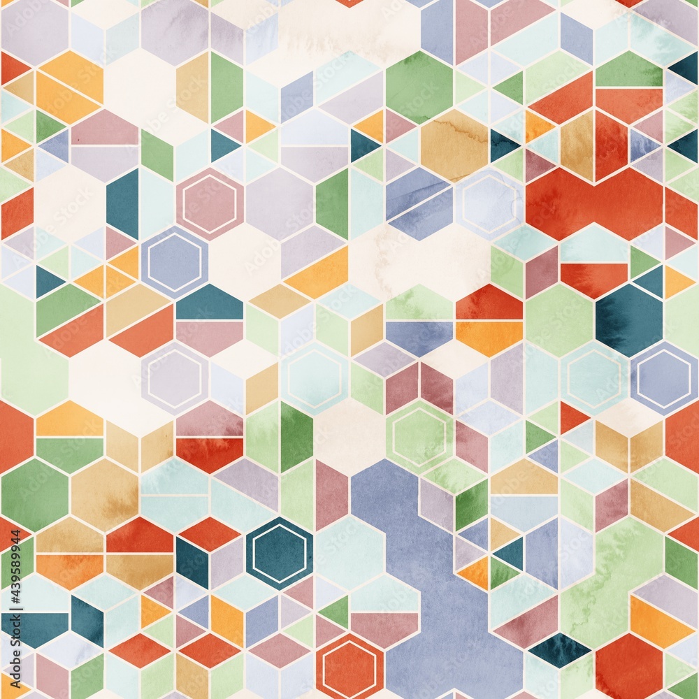 Seamless pattern of hexagons in random colors in watercolor. High quality illustration. Tile mosaic arrangement of triangles, trapezoids, and hexagons, in honeycomb arrangement. Design for print. Seamless pattern of hexagons in random colors in watercolor. High quality illustration. Tile mosaic arrangement of triangles, trapezoids, and hexagons, in honeycomb arrangement. Design for print.