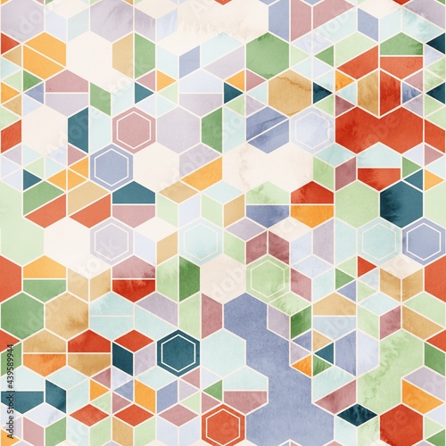 Seamless pattern of hexagons in random colors in watercolor. High quality illustration. Tile mosaic arrangement of triangles, trapezoids, and hexagons, in honeycomb arrangement. Design for print.