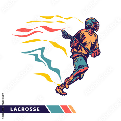 vector illustration man running and holding lacrosse stick when playing lacrosse with motion color vector artwork