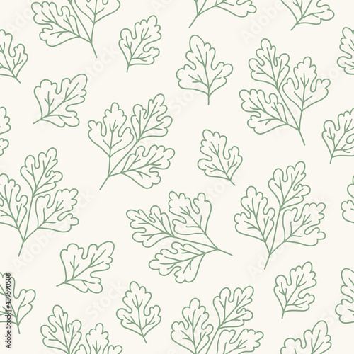Seamless pattern with parsley on beige background. Contour vector illustration
