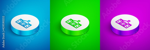 Isometric line United States Capitol Congress icon isolated on blue, green and purple background. Washington DC, USA. White circle button. Vector