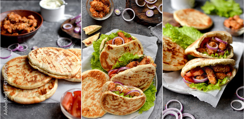 Set of dishes. Food collage. Lavash pita with chicken nuggets. photo