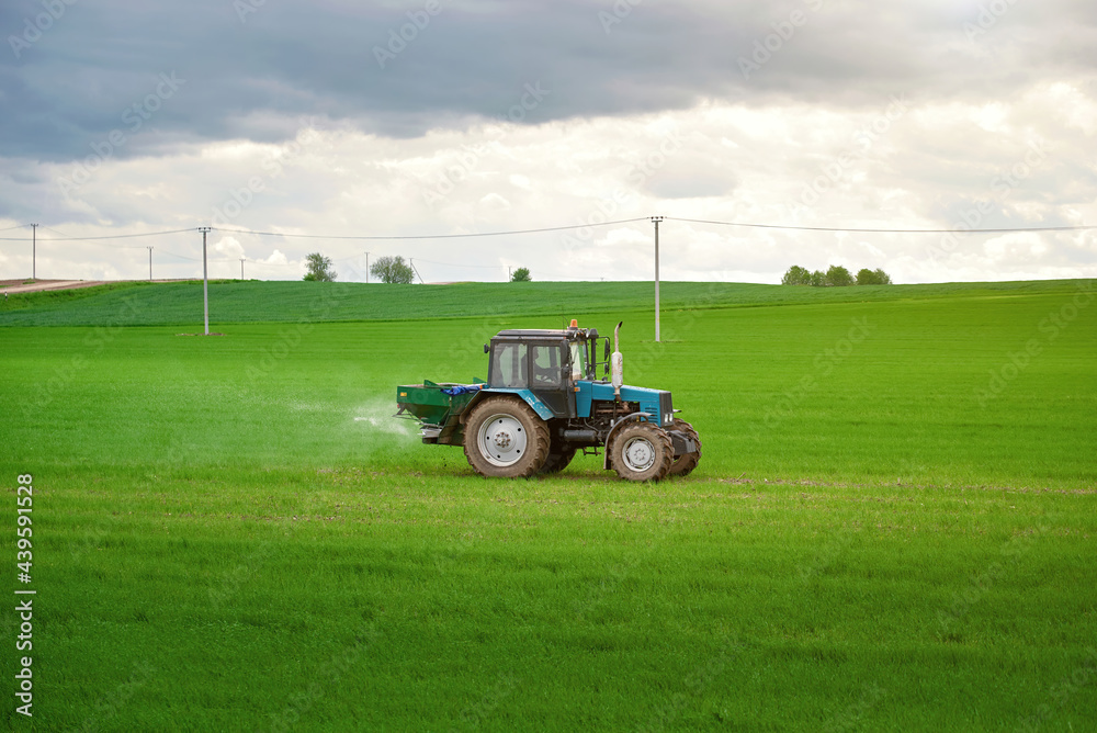 Tractor spray fertilizers on green field, agriculture wallpaper. Farmer