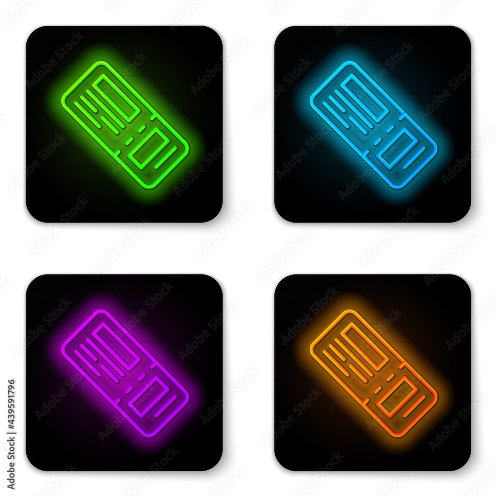 Glowing neon line Airline ticket icon isolated on white background. Plane ticket. Black square button. Vector Glowing neon line Airline ticket icon isolated on white background. Plane ticket. Black square button. Vector