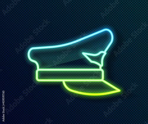 Glowing neon line Pilot hat icon isolated on black background. Vector