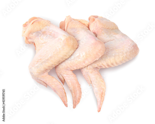 Raw chicken wings on white background, top view