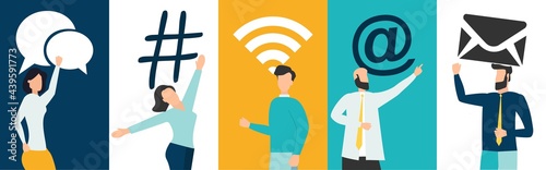 Social media concept: digital app symbols for bloggers and influencers sharing with audience. Flat vector hashtag sign, like, wireless network. E-Marketing, followers and social network idea.